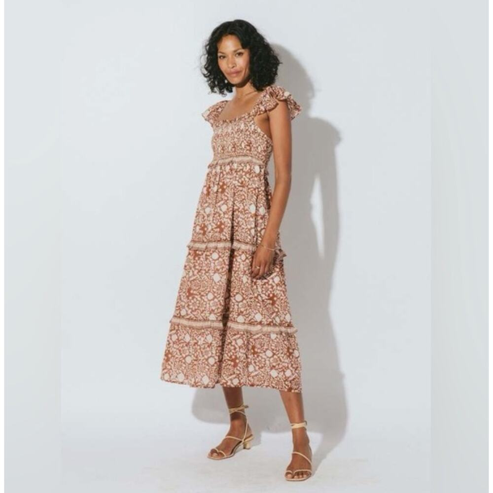 Cleobella Frida Midi Dress Women Large Anila Print Brown Tiered Cottagecore Boho